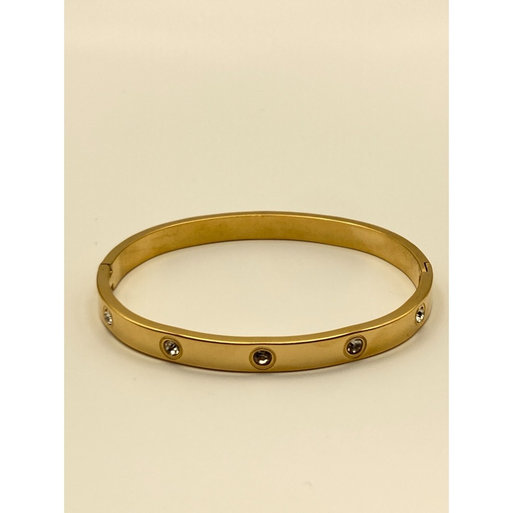 Gold Tone Hinged Bangle Bracelet Clear Rhinestone Oval Couture Stackable